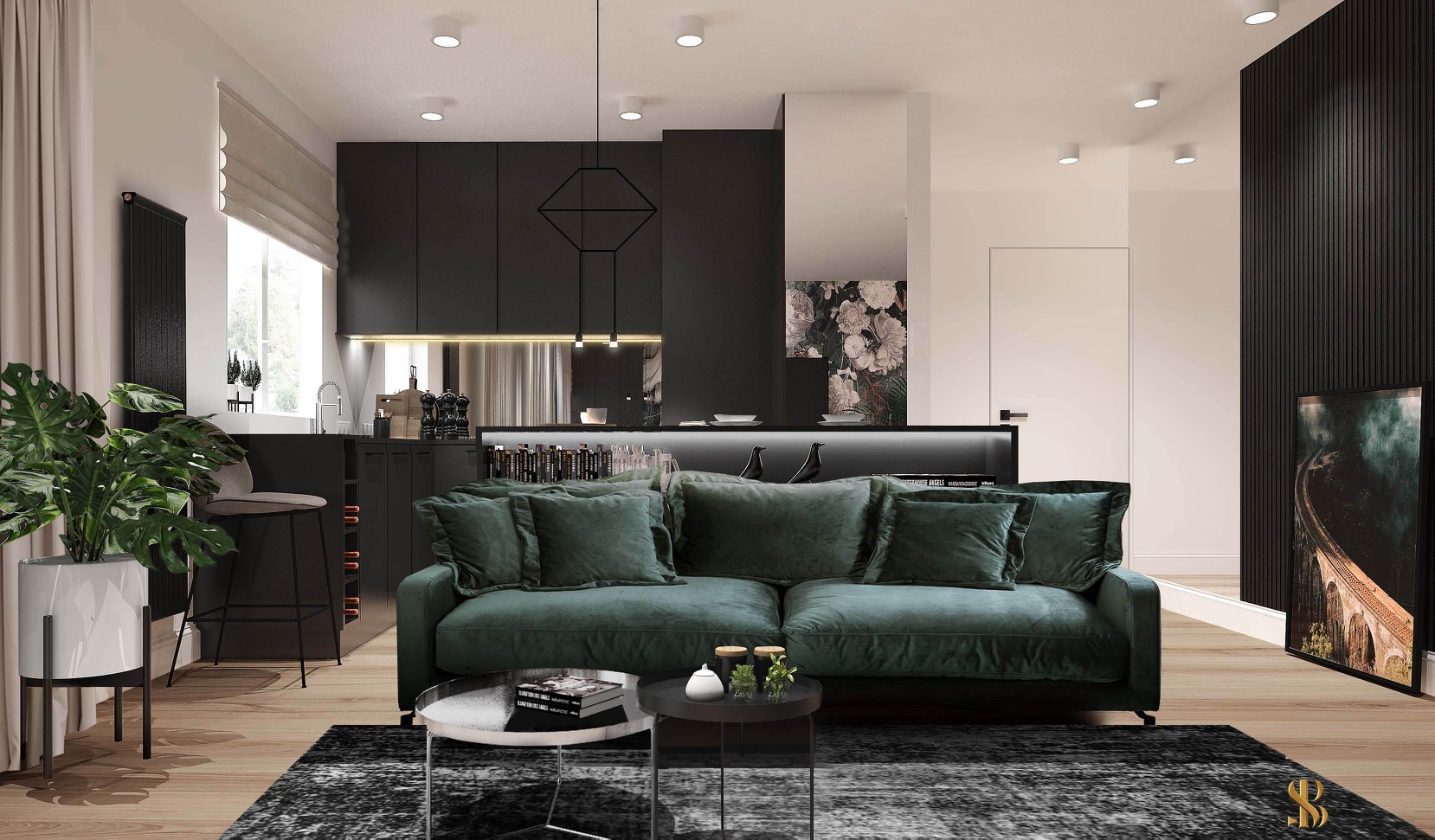 Eleganckie wnętrze mieszkania w odcieniach szarości i zieleni z akcentami czerni, prezentujące otwartą przestrzeń salonu z kuchnią, z zieloną sofą na pierwszym planie i minimalistyczną zabudową...