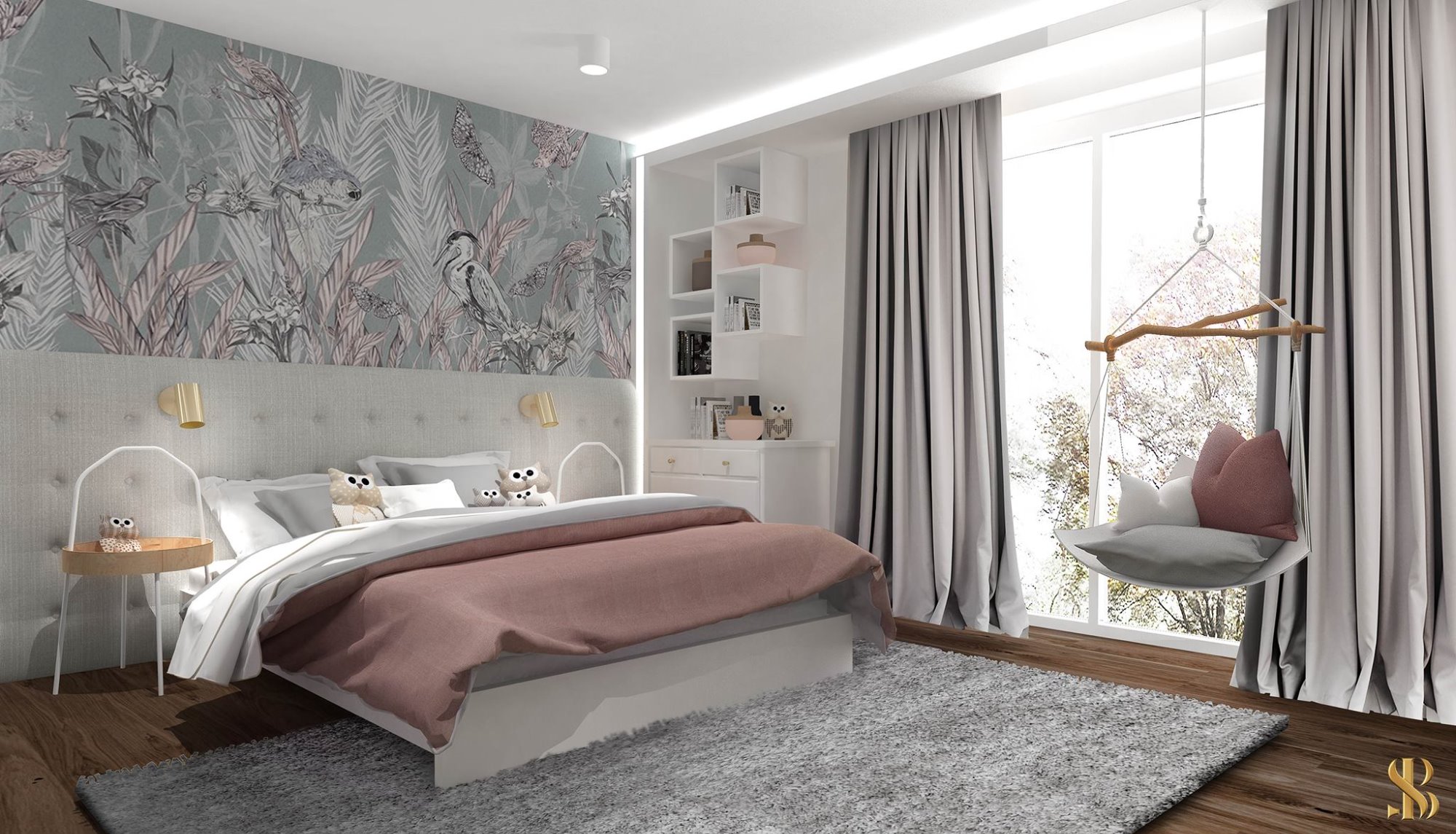 Jasna sypialnia z łóżkiem, tapetą w botaniczne wzory, wiszącym fotelem i szarą wykładziną dywanową.