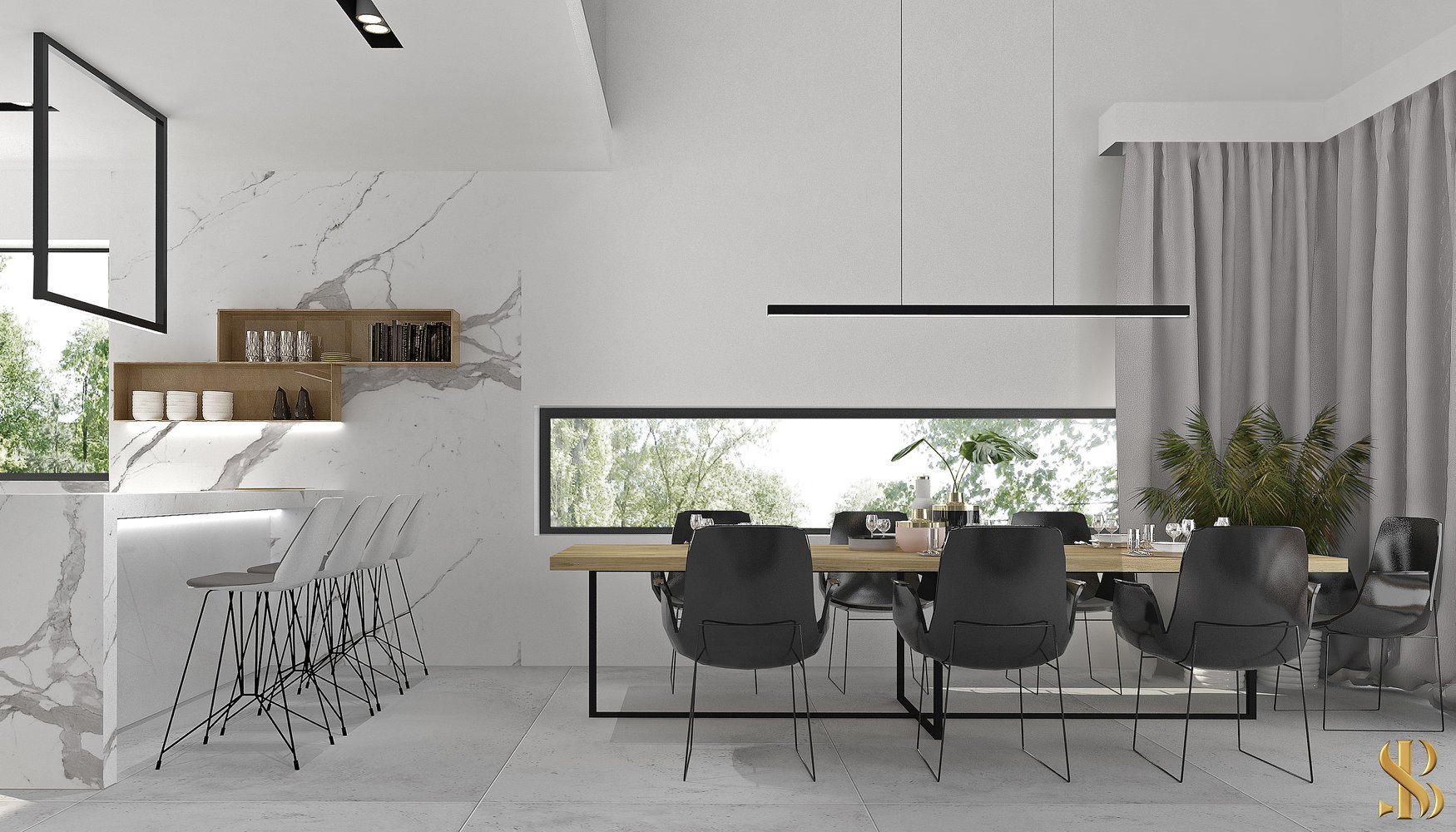Nowoczesna jadalnia z marmurową ścianą, drewnianym stołem i czarnymi krzesłami, oświetlona podłużną lampą, widok na zieleń za oknem.