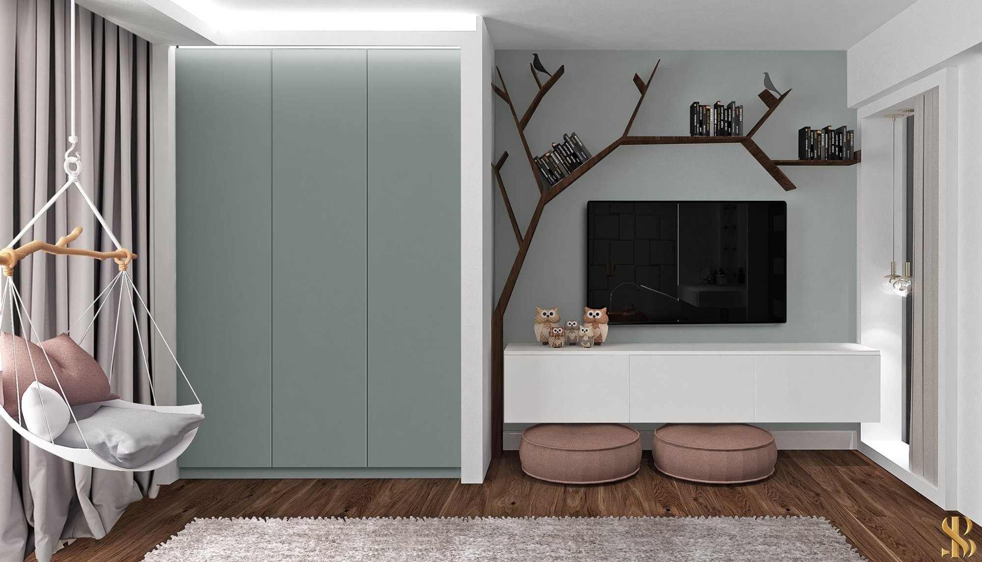 Pokój dziecięcy z huśtawką wiszącą, szafą w kolorze miętowym, półką na książki w kształcie drzewa i dekoracjami w postaci figurek sów.