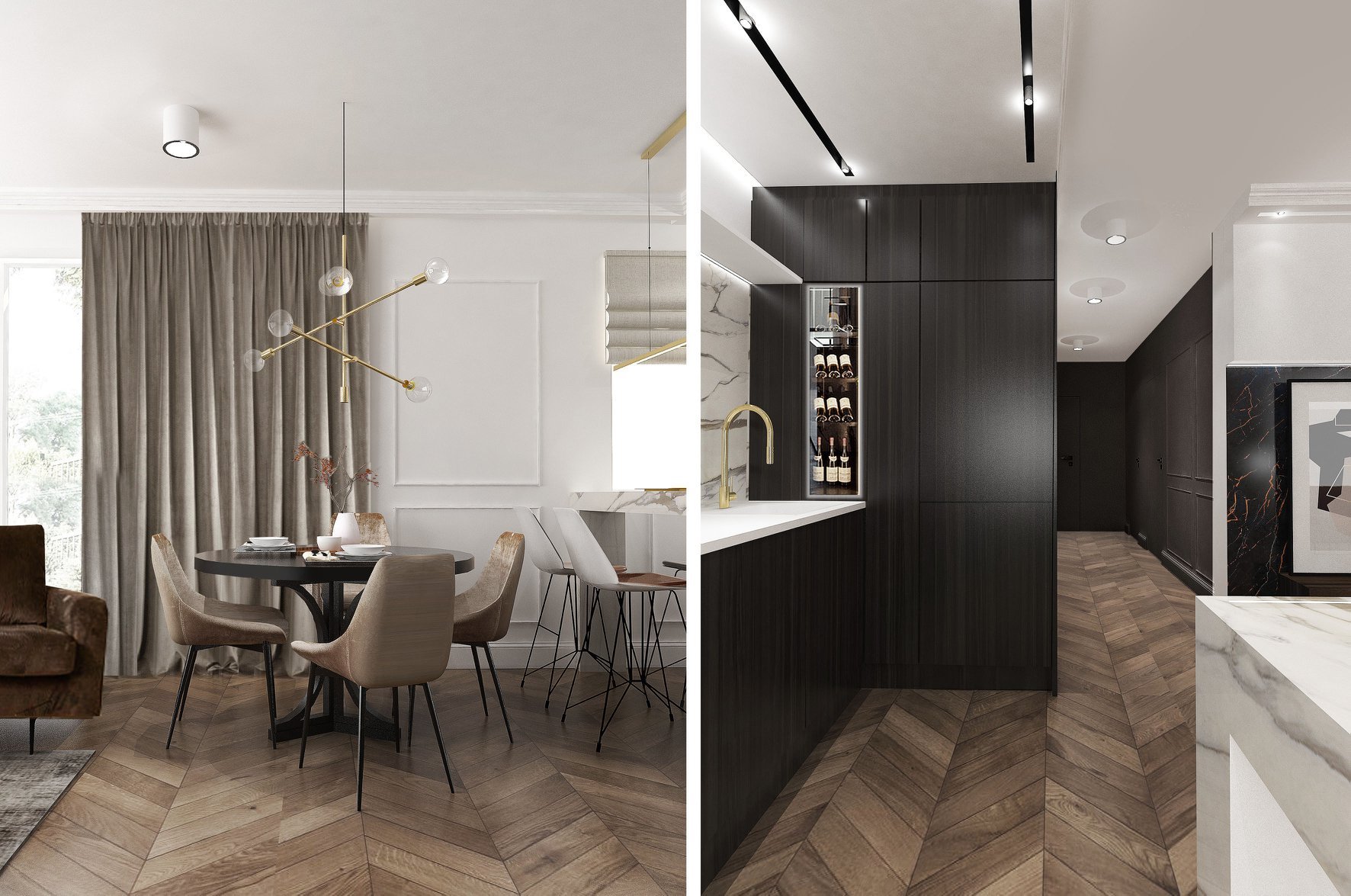 Wnętrze domu z parkietem w jodełkę: część jadalna z okrągłym stołem, krzesłami z weluru i nowoczesną lampą, oraz część kuchenna z ciemnymi szafkami, marmurowym blatem i wbudowaną chłodziarką na wino.