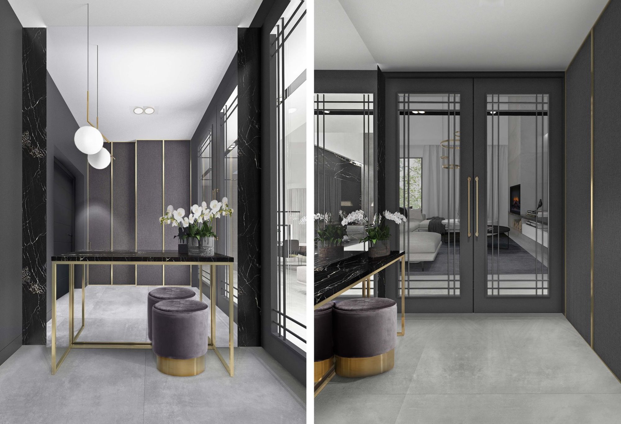 Elegancki przedpokój w odcieniach szarości z marmurową konsolą, złotymi nogami i aksamitnymi pufami, dopełniony białymi storczykami w wazonie i nowoczesnym oświetleniem.