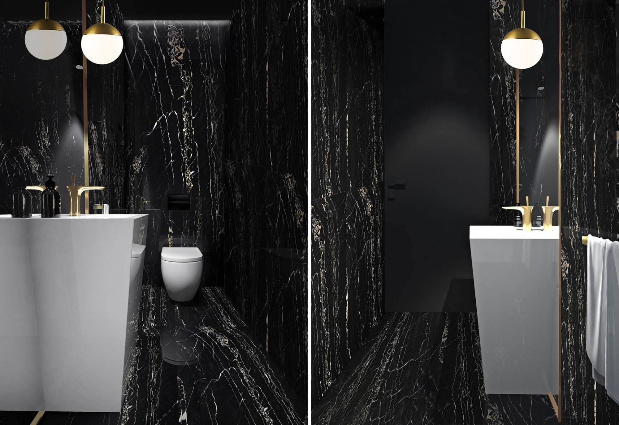 Elegancka łazienka wykończona czarnym marmurem z złotymi żyłami, z białą umywalką i toaletą, oświetlona kulistymi lampami z elementami w kolorze złota.