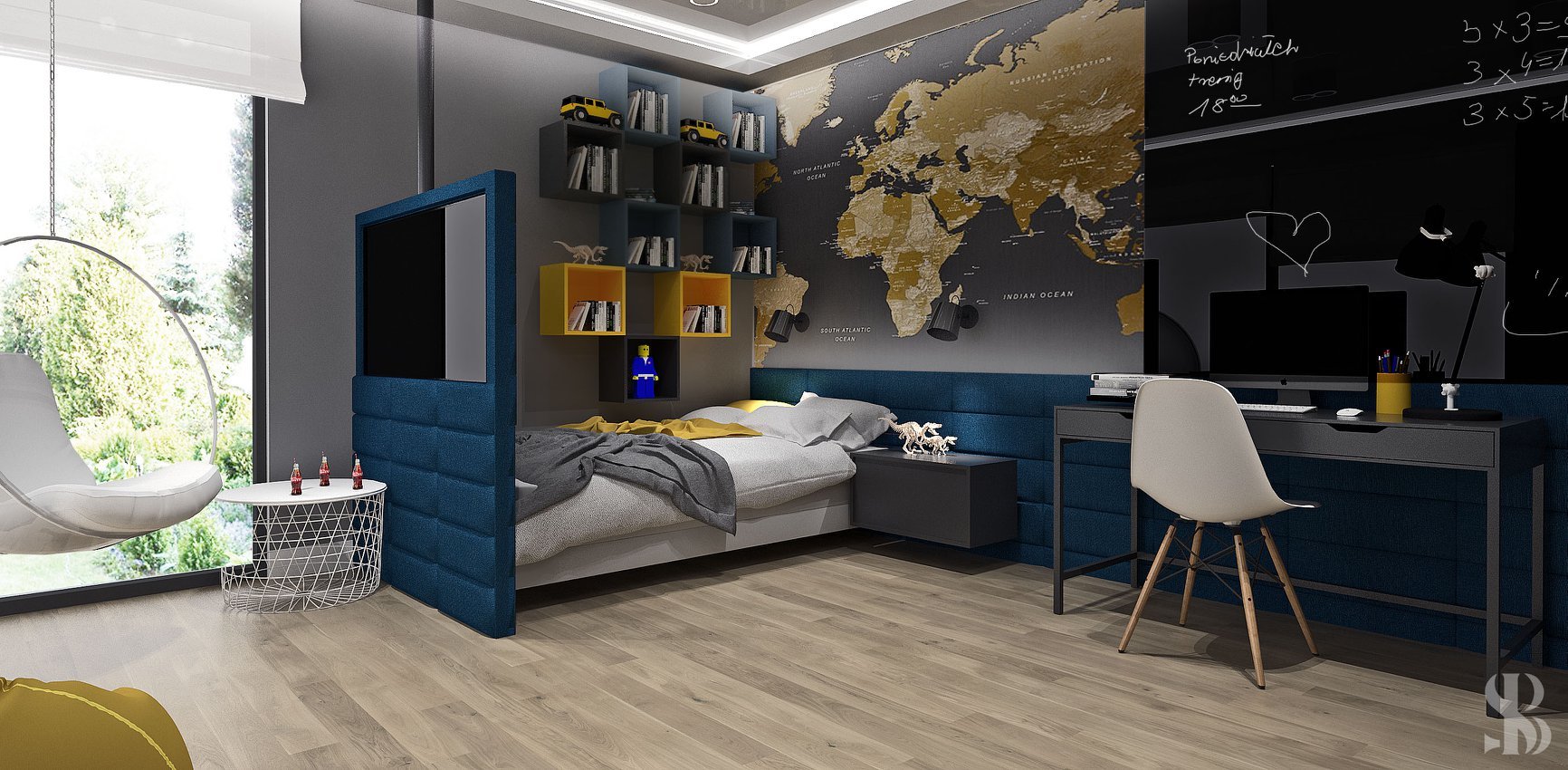 Pokój młodzieżowy z łóżkiem, biurkiem i wiszącym fotelem, mapa świata na ścianie, półki z książkami i zabawkami, nowoczesne oświetlenie.