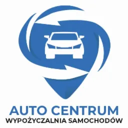 Logo firmy Auto Centrum z sylwetką samochodu wewnątrz niebieskiego symbolu przypominającego pinezkę z obracającymi się strzałkami.