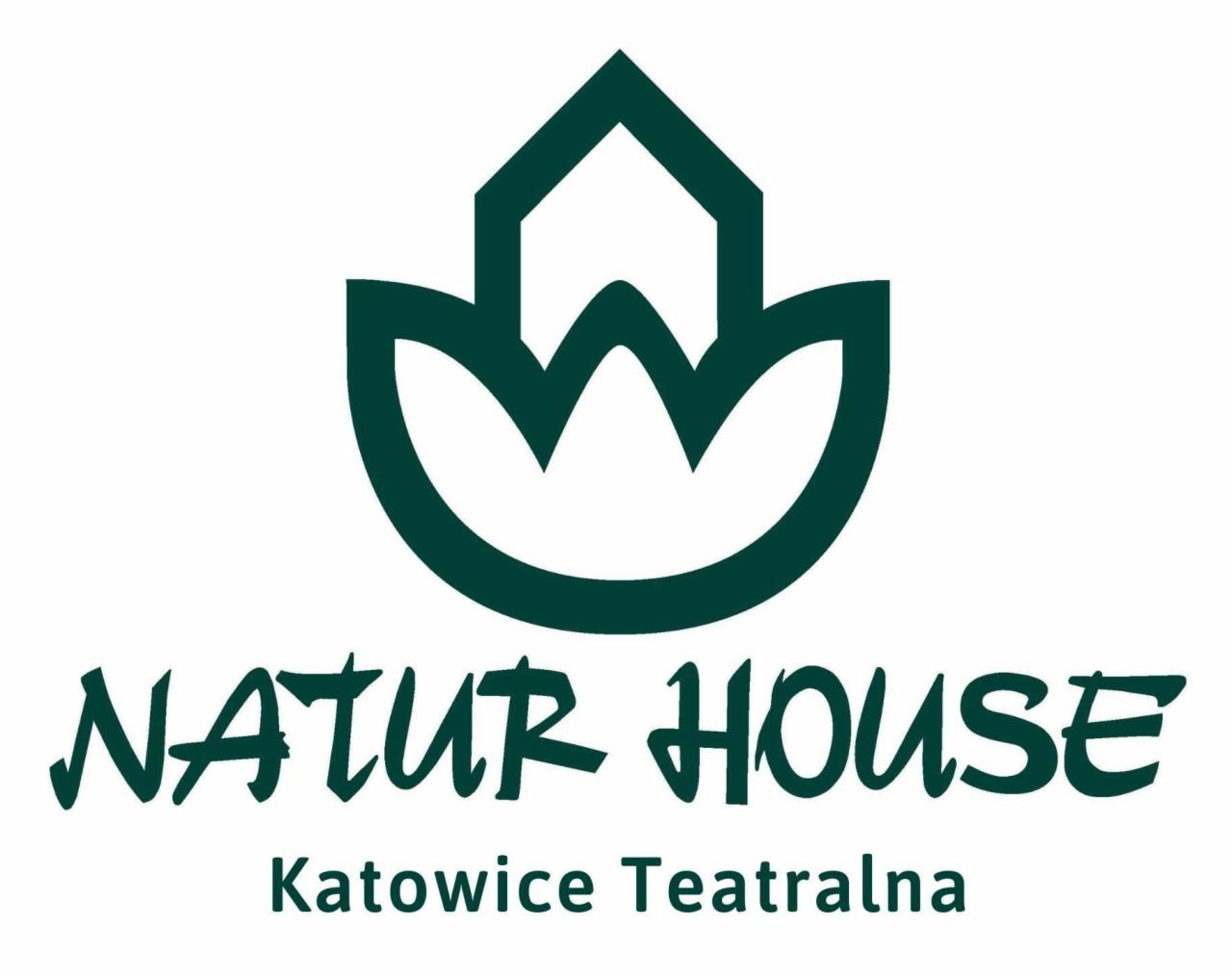 Zielone logo Natur House z motywem roślinnym i adresem Katowice Teatralna, na białym tle. Minimalistyczny design, promujący naturalne rozwiązania.
