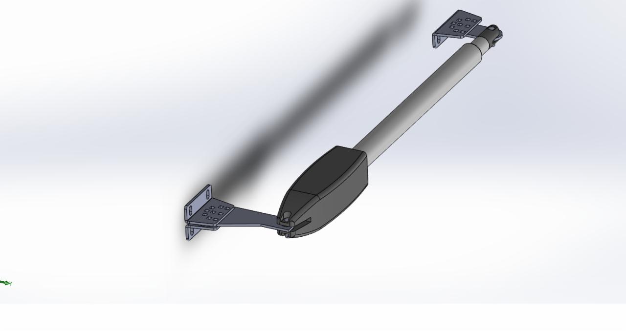 Model 3D siłownika pneumatycznego z mocowaniami, rendering w programie CAD, widok z góry pod kątem.