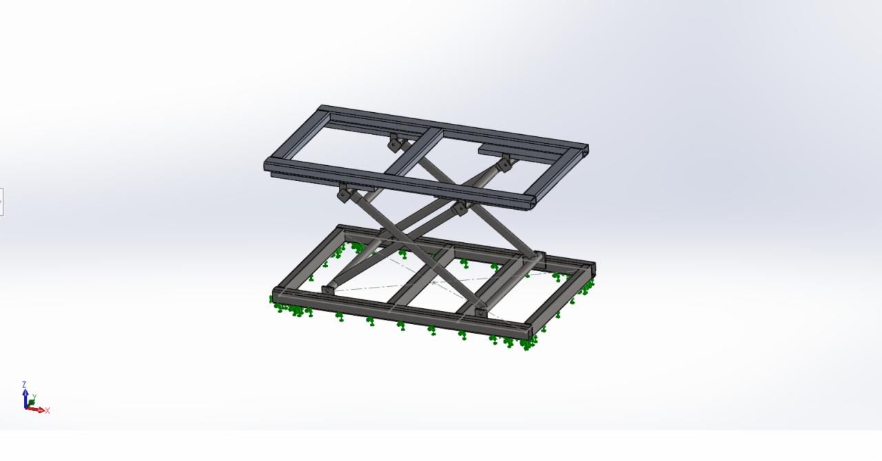 Wizualizacja 3D podnośnika nożycowego z ramą z profili stalowych i zielonymi oznaczeniami punktów mocowania.