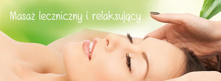 Kobieta z zamkniętymi oczami podczas zabiegu, dłoń terapeuty dotyka czoła, w tle zielone tło i liść rośliny, tekst 'Masaż leczniczy i relaksujący'.