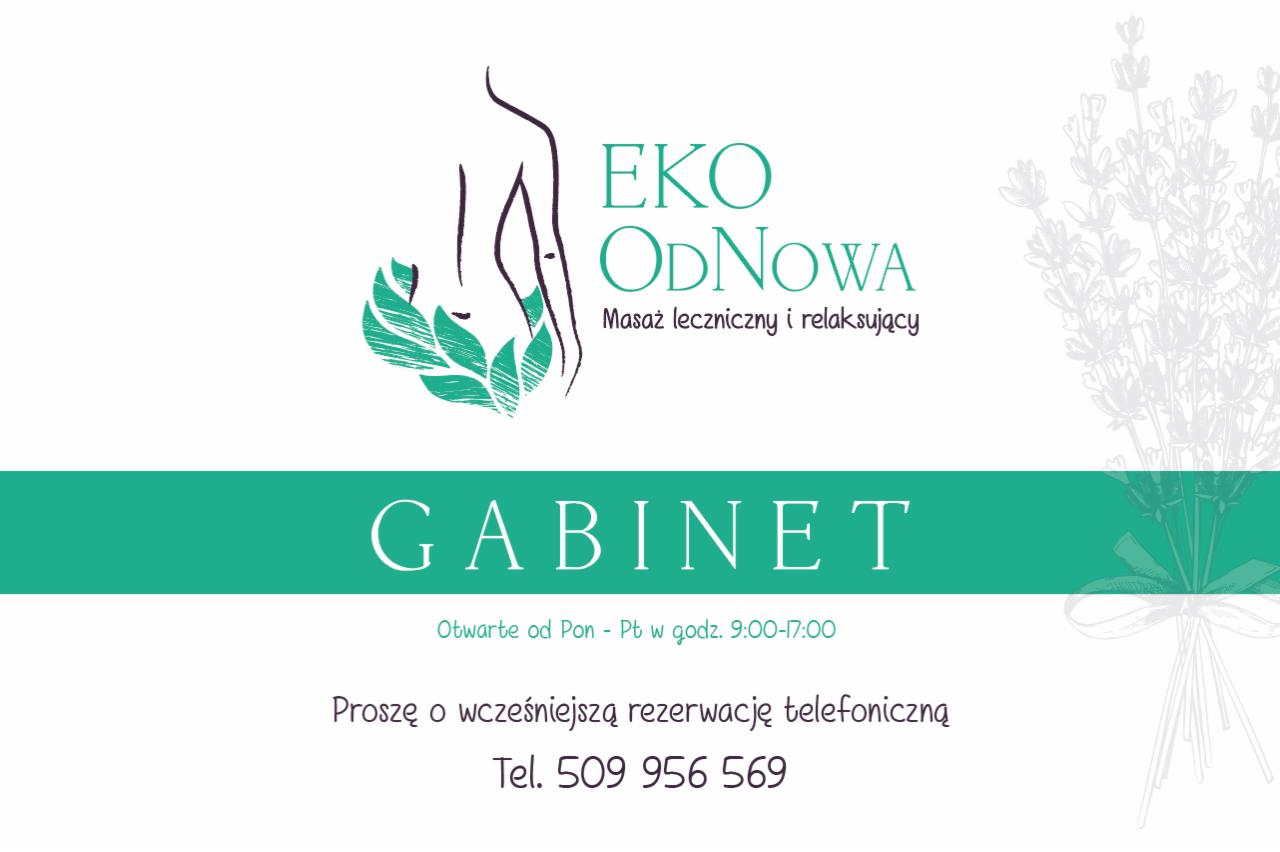 Logo gabinetu Eko Odnowa z sylwetką kobiety i liśćmi, oferującego masaż leczniczy i relaksacyjny, z informacją o godzinach otwarcia i numerem telefonu.