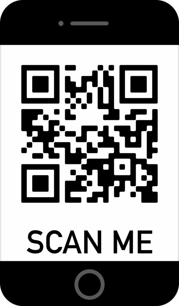 Grafika wektorowa przedstawiająca smartfon z wyświetlonym kodem QR i napisem 'SCAN ME'.