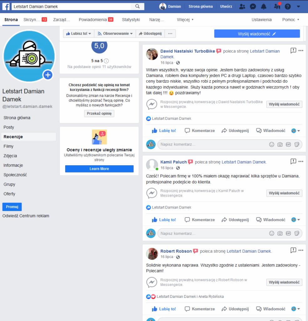 Zrzut ekranu strony Facebook Letstart Damian Damek z recenzjami klientów, w tym pochlebne opinie o naprawie komputerów i laptopów.