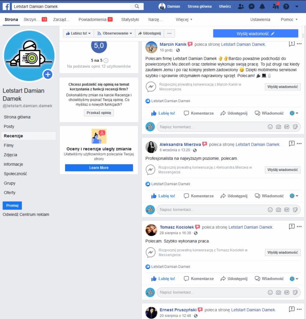 Zrzut ekranu strony profilu firmy Letstart Damian Damek na Facebooku, zawierający logo, ocenę 5.0, recenzje klientów i posty.