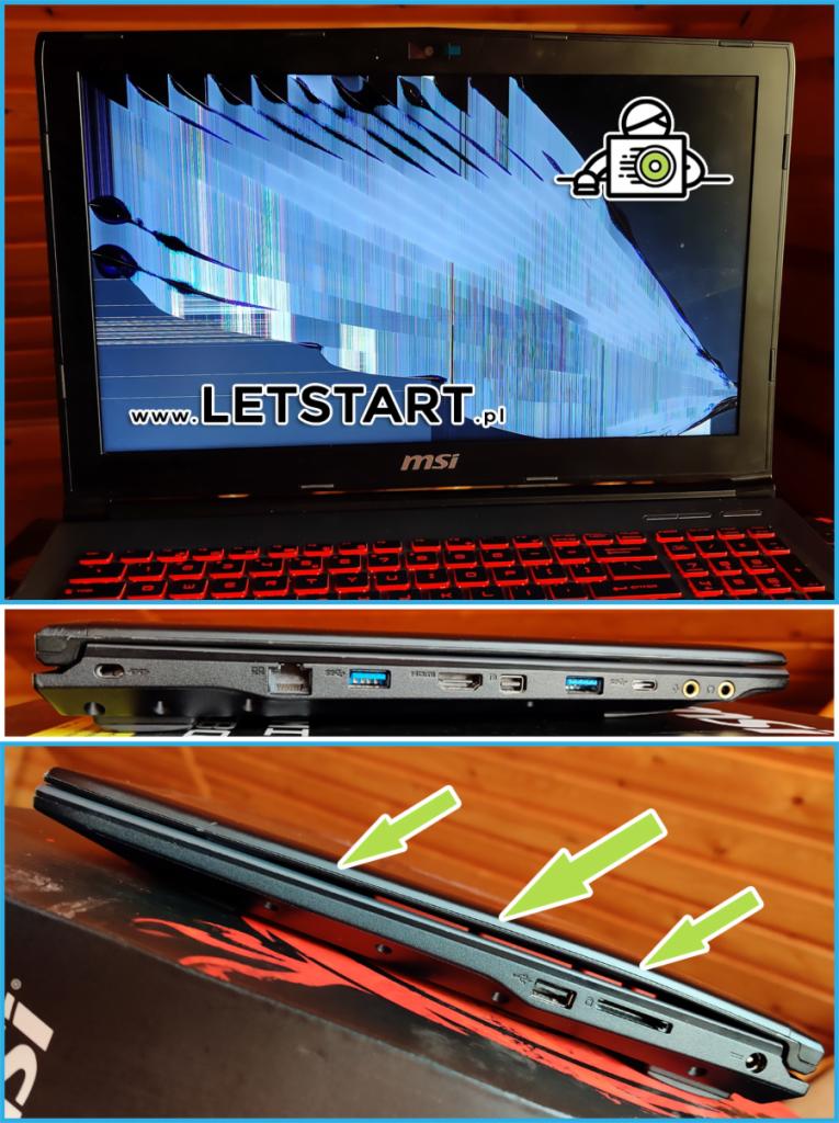 Uszkodzony ekran laptopa MSI z widocznymi pęknięciami i zakłóceniami obrazu, czerwona klawiatura podświetlana, widok na porty po bokach urządzenia, strzałki wskazujące na boczne porty.