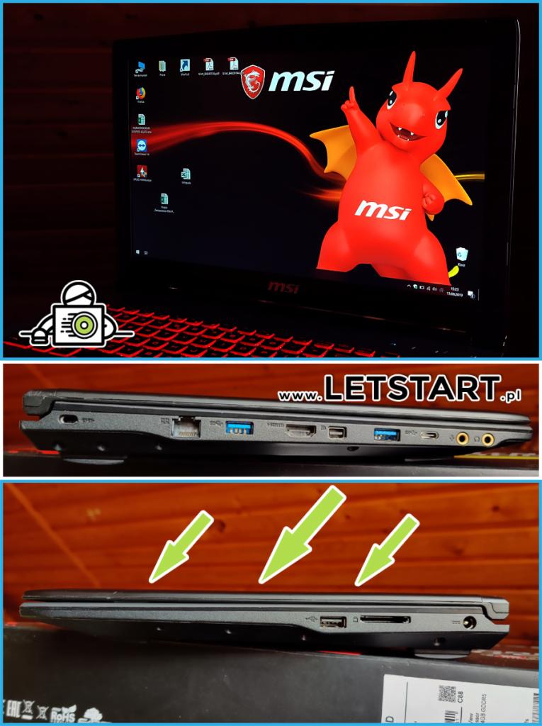 Gamingowy laptop MSI z czerwonym podświetleniem klawiatury, na ekranie wizerunek smoka, widoczne porty USB, HDMI i inne złącza. Usługi IT w Buczkowicach.