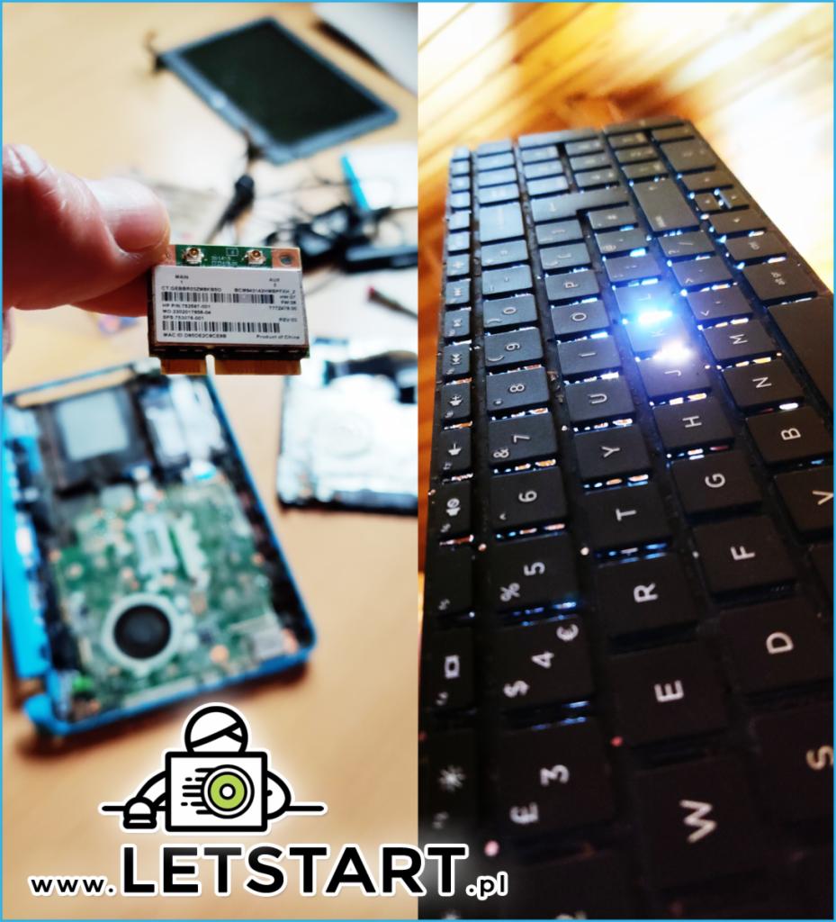 Otwarty laptop z widoczną płytą główną, obok karta sieciowa trzymana w palcach oraz zbliżenie na podświetlaną klawiaturę laptopa, w tle widoczne narzędzia.