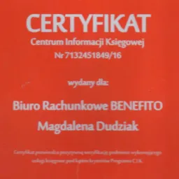 Skan certyfikatu Centrum Informacji Księgowej dla Biura Rachunkowego BENEFITO, wydany dla Magdaleny Dudziak, data wydania 05.09.2016.
