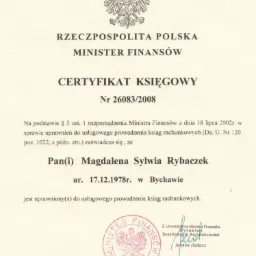 Skan Certyfikatu Księgowego wydanego przez Ministra Finansów Rzeczypospolitej Polskiej, numer 26083/2008, potwierdzającego uprawnienia do usługowego prowadzenia ksiąg rachunkowych dla Magdaleny...
