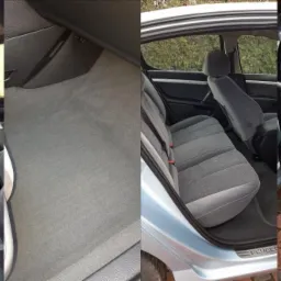 Kolaż przedstawia wnętrza dwóch samochodów: Volkswagena Tourana z czarno-szarymi fotelami i Peugeot 407 z szarą tapicerką i dywanikami, ukazując stan przed i po czyszczeniu.
