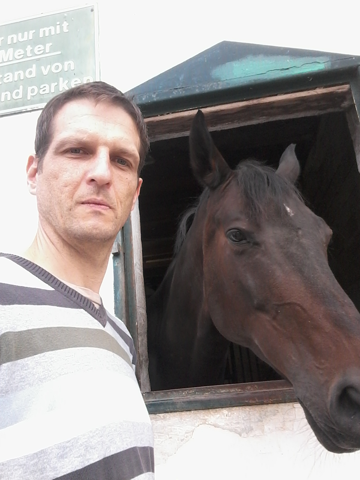 Mężczyzna w paski pozuje z koniem w stajni, widoczne tablice informacyjne. Nietypowe ujęcie.