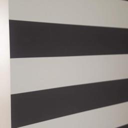 Dan-Bud - Ściana pomalowana w poziome pasy, naprzemiennie białe i grafitowe, widoczne z bliska pod kątem.