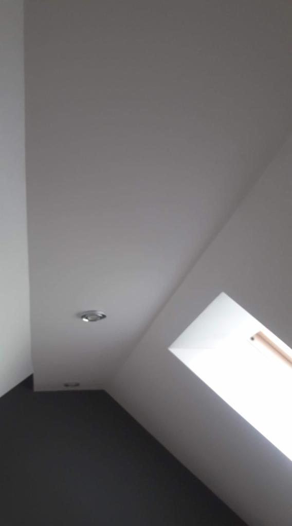 Poddasze z oknem dachowym i punktowym oświetleniem sufitowym, ściany pomalowane na biało, fragment ściany pomalowany na ciemny kolor.