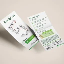 Dwie ulotki informacyjne o kredycie bankowym, jedna z grafiką łańcucha rowerowego, druga z tabelą rat i informacjami o ofercie.
