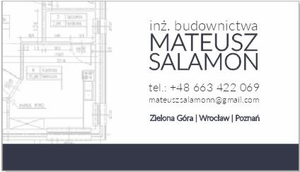 Wizytówka inżyniera budownictwa Mateusza Salamona z planem architektonicznym w tle, kontakt telefoniczny i adres e-mail, lokalizacje: Zielona Góra, Wrocław, Poznań.