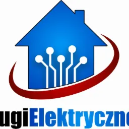 Logo firmy UsługiElektryczne24: niebieski dom z obwodem, czerwony łuk. Nazwa firmy w kolorze czarno-niebieskim. Elektryka 24h.