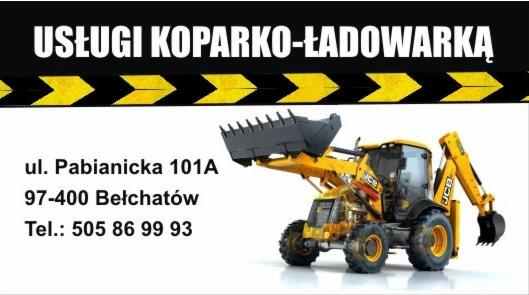 Żółta koparko-ładowarka JCB na białym tle, z adresem firmy i numerem telefonu na plakacie reklamowym.