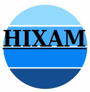 Logo firmy HIXAM w okręgu z poziomymi pasami w odcieniach niebieskiego, czarny napis HIXAM na środku.