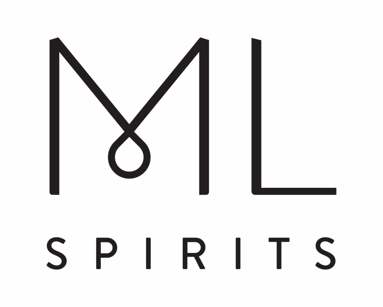 Minimalistyczne logo 'ML Spirits' w czerni i bieli, z stylizowanymi literami M i L oraz subtelnym akcentem graficznym.