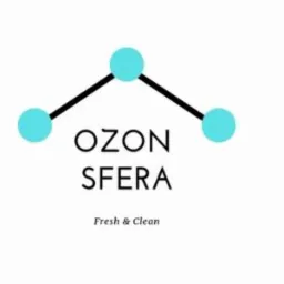 Logo firmy Ozon Sfera z trzema turkusowymi kropkami połączonymi czarnymi liniami, pod spodem napis 'Fresh & Clean'.