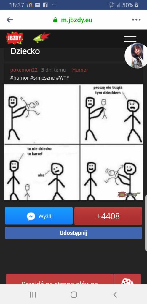 Szkicowy komiks w czterech kadrach przedstawiający interakcje między postaciami z patyczków, z użyciem dymków z tekstem w języku polskim, opublikowany na stronie internetowej JBZDY.