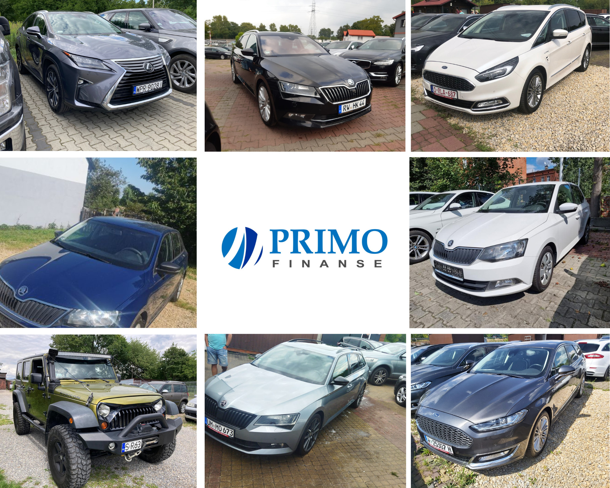 Kolaż różnych samochodów osobowych na parkingu w Dąbrowie Górniczej, z logo firmy finansowej Primo Finanse na środku.
