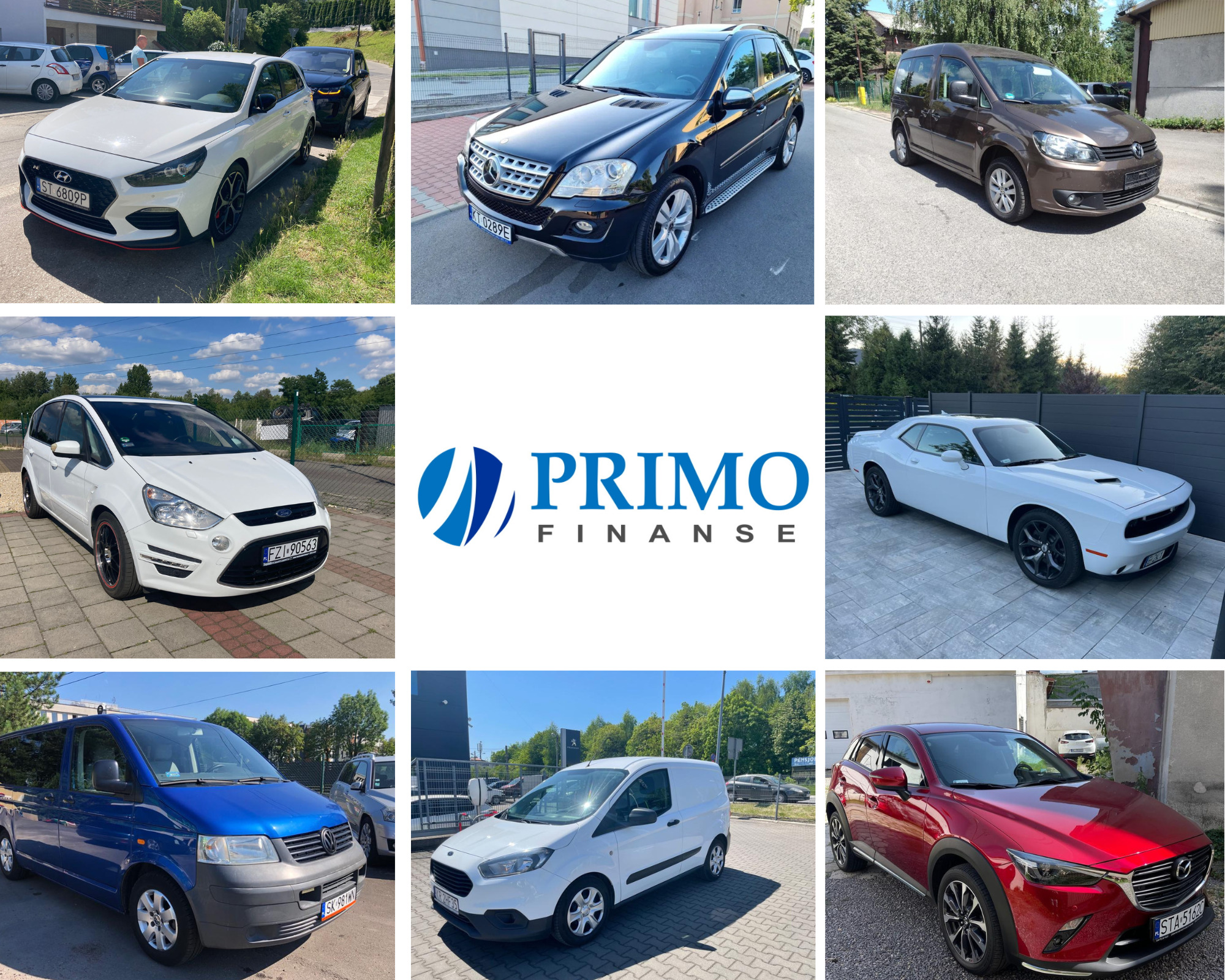 Kolaż dziewięciu zdjęć różnych samochodów osobowych i dostawczych, otoczonych logo firmy finansowej Primo Finanse.