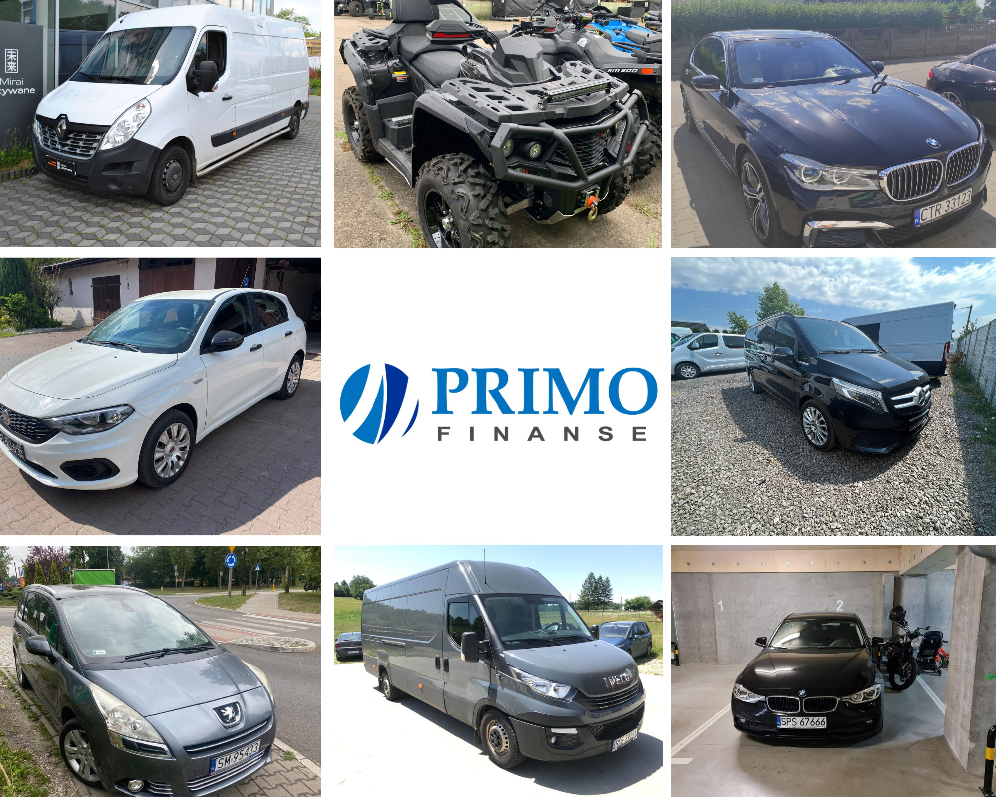 Kolaż prezentujący różnorodne pojazdy: biały van, czarny quad, ciemny sedan BMW, biały hatchback Fiat, czarny van Mercedes, szary minivan Peugeot, szary van Iveco i czarny sedan BMW na parkingu...