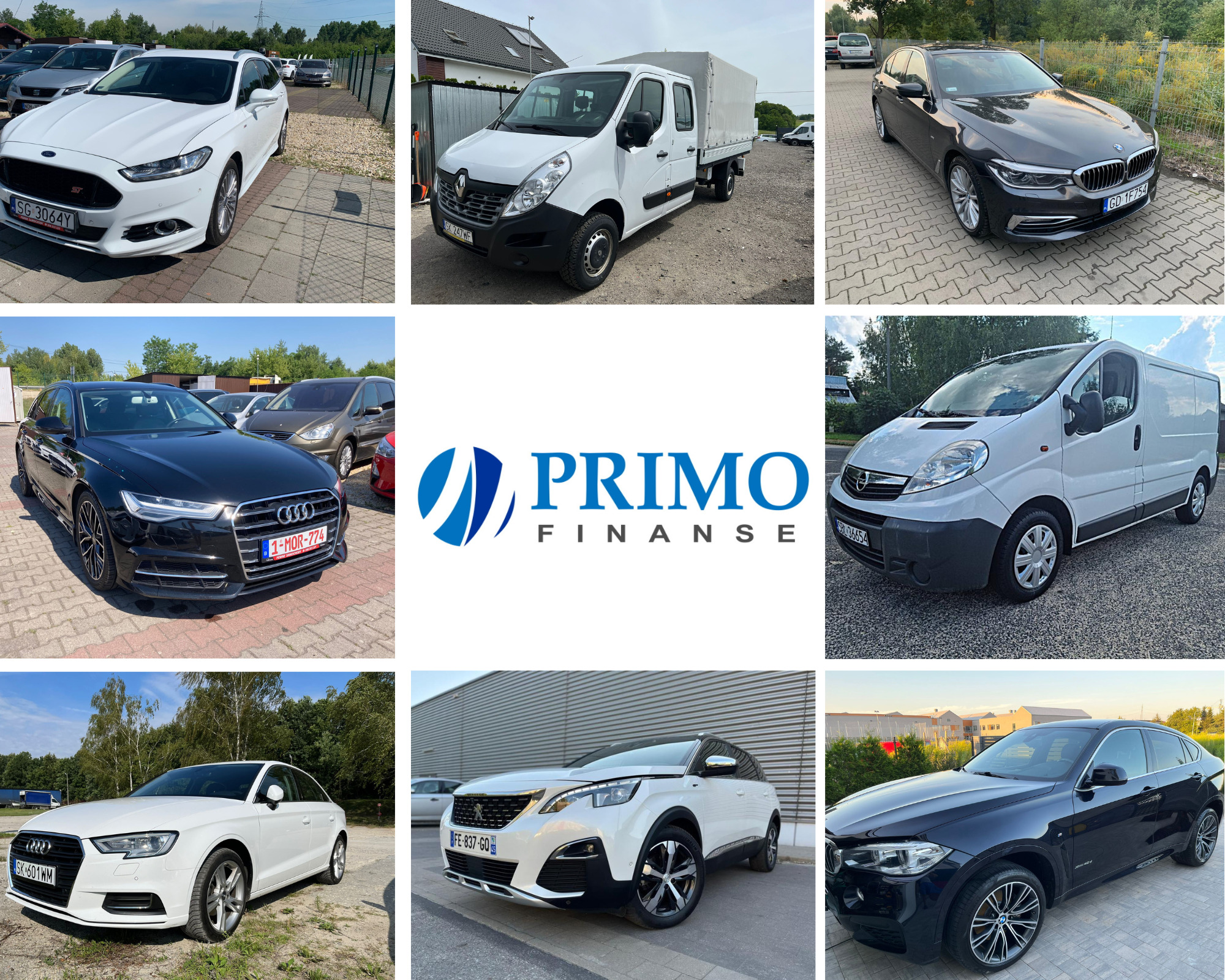 Kolaż różnych samochodów osobowych i dostawczych z logo firmy finansowej Primo Finanse na środku.