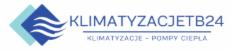 Logo firmy Klimatyzacjetb24 z niebieskim symbolem graficznym i tekstem informującym o klimatyzacji i pompach ciepła.