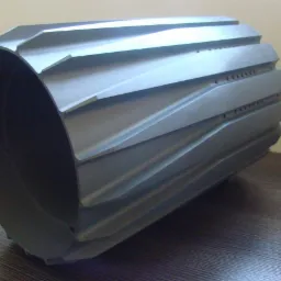 Metalowy cylinder z ukośnymi żebrami i rzędem otworów, obrobiony na tokarce, leżący na drewnianej powierzchni.