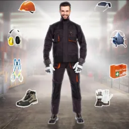 Uśmiechnięty mężczyzna prezentuje kompletny strój roboczy z elementami ochronnymi: kurtka, spodnie, rękawice, buty, kask, okulary, słuchawki, maska, apteczka i szelki bezpieczeństwa, na rozmytym...