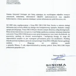 Skan listu referencyjnego od firmy Sinoma Krzysztof Oettingen z Krakowa, polecającego firmę DELCOM za obsługę informatyczną, w tym sieci komputerowe, laptopy, drukarki i hosting, datowany na 27.07.