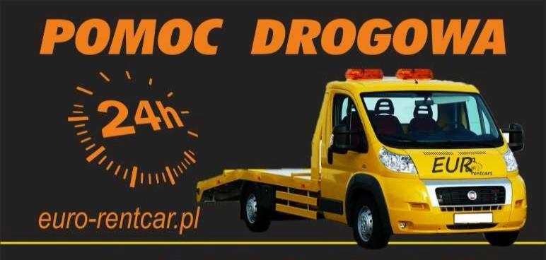 Żółta laweta z napisem 'POMOC DROGOWA 24h' i logo 'euro-rentcar.pl' na czarnym tle.