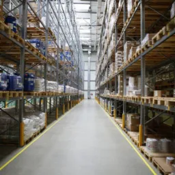 Długi kadr na korytarz magazynowy z wysokimi regałami wypełnionymi paletami z towarem, oświetlony światłem dziennym z okien dachowych i lampami sufitowymi, z żółtymi liniami wyznaczającymi ścieżkę.