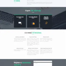 Fragment strony internetowej z nagłówkiem 'Niezawodne i nowoczesne strony internetowe', sekcją 'Coś o mnie', ofertą tworzenia stron i sklepów, formularzem kontaktowym i danymi kontaktowymi.