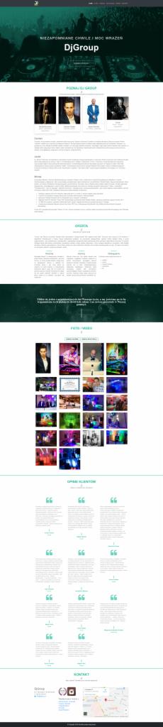 Zrzut ekranu strony internetowej DJGroup z sekcjami: nagłówek z tłumem w tle, prezentacja członków zespołu, opis firmy, oferta, galeria zdjęć i wideo, opinie klientów oraz dane kontaktowe z mapą.