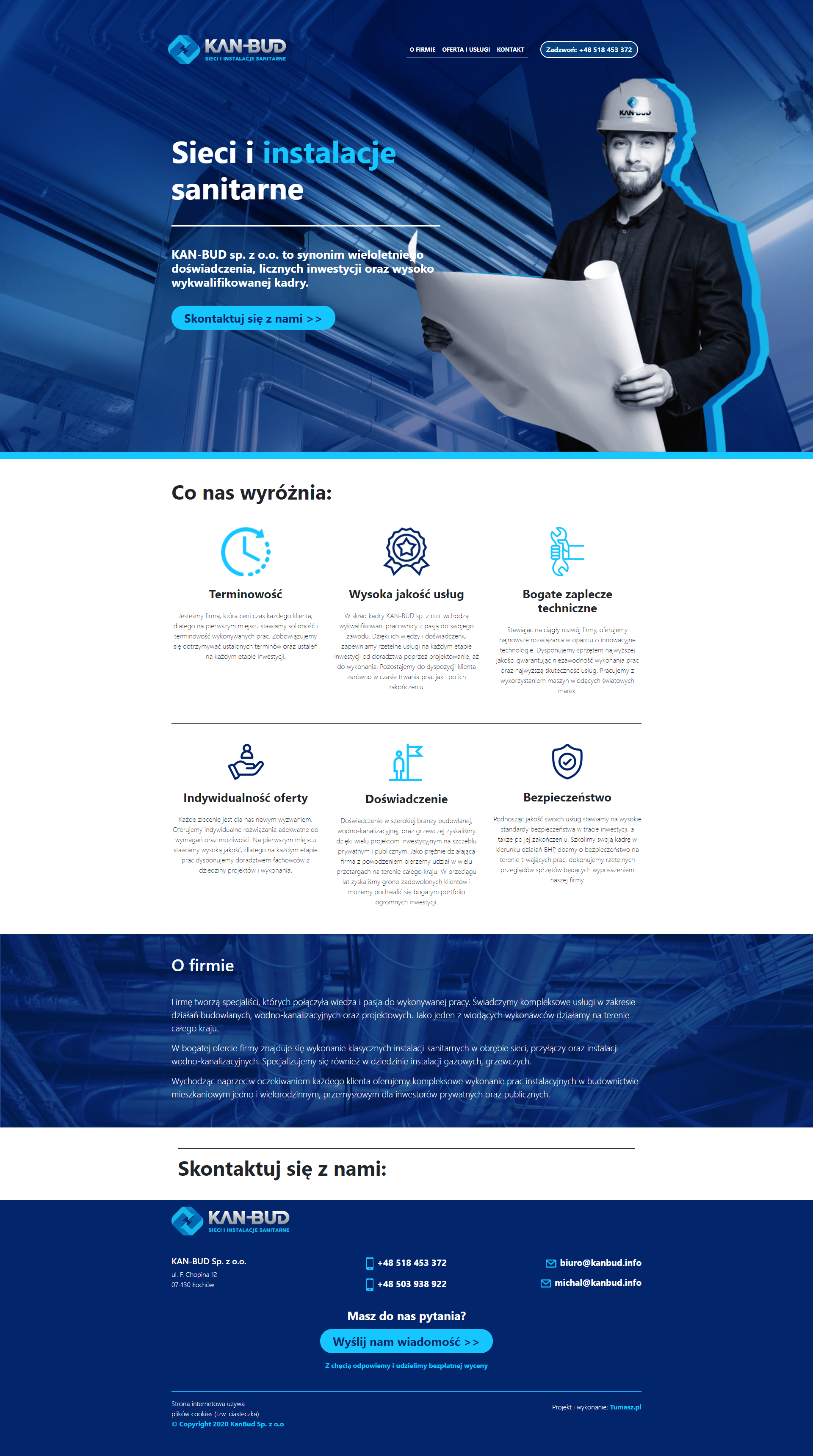 Strona internetowa firmy Kan-Bud specjalizującej się w sieciach i instalacjach sanitarnych, prezentująca pracownika w kasku trzymającego plan