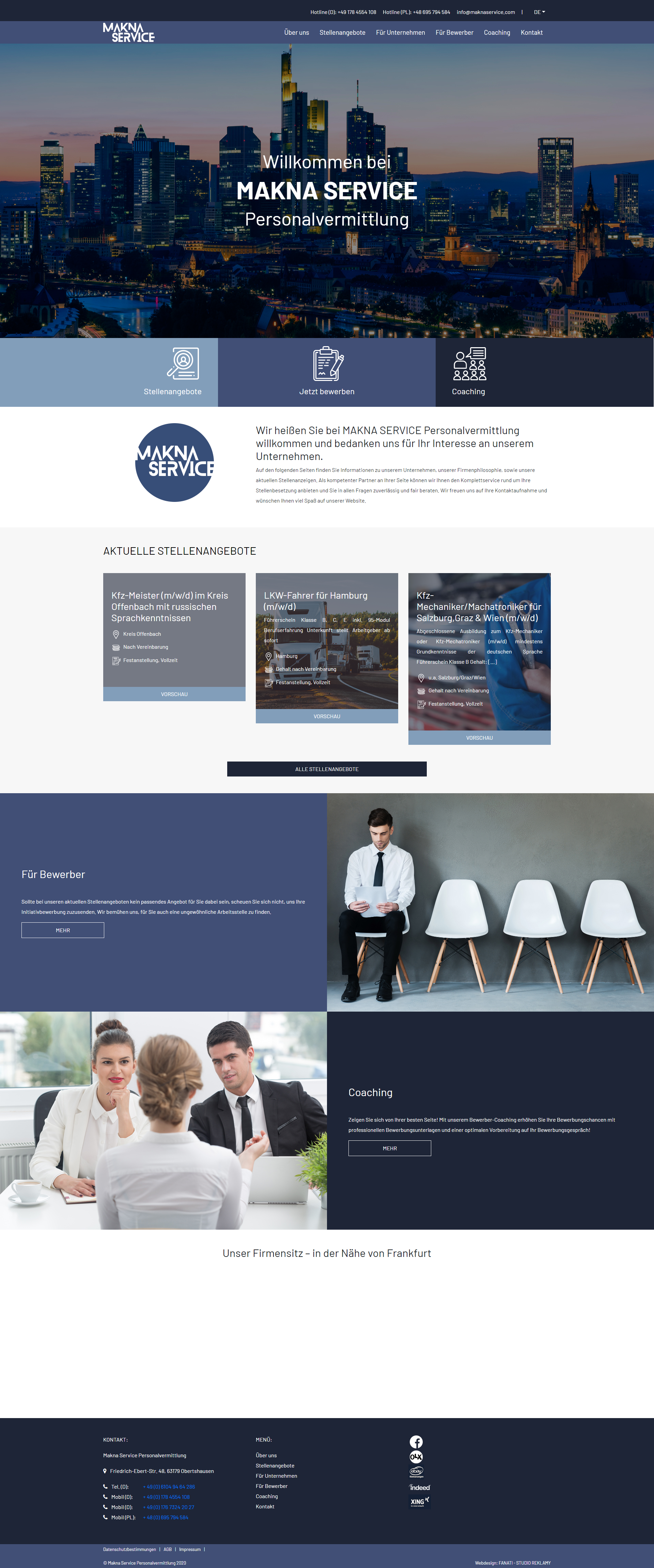 Strona internetowa firmy Makna Service Personalvermittlung z ofertami pracy i informacjami o firmie, z widocznym logo i zdjęciem panoramy Frankfurtu.