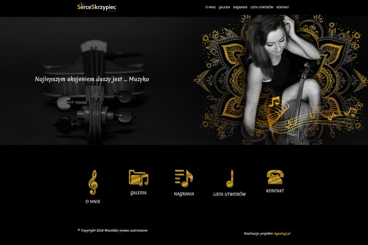 Strona internetowa z wizerunkiem skrzypiec, muzyczki i kobiety, utrzymana w czarno-złotej kolorystyce, prezentująca ofertę muzyczną.