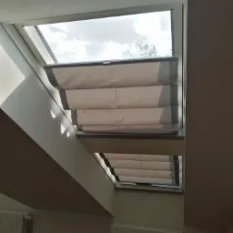 Beżowe rolety rzymskie zamontowane w oknie dachowym, widok na pochmurne niebo z drzewem, ujęcie z dołu.